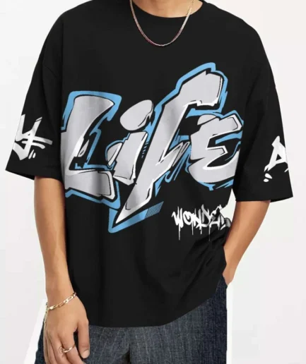 LIFE Printed black oversize t shirt for men